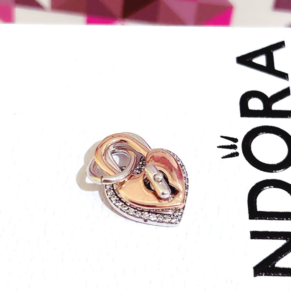 PANDORA Two-tone Twistable Heart Padlock Double Dangle Charm w/box - Picture 7 of 11